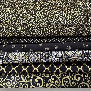 Black & Gold Fabric Lot Quilting Crafts Sewing Art Cotton Prints 6 Piece